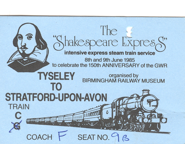 Shakespeare Express Railway Ticket Front